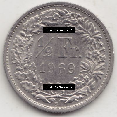 Münzen Schweiz 1968-1982, 1/2 Franken mit Münzzeichen / Mzz. B 1969 III, Münzen Rückseite als Bildmaterial Sammlung