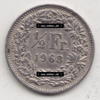 Münzen Schweiz 1968-1982, 1/2 Franken mit Münzzeichen / Mzz. B 1968, Münzen Rückseite als Bildmaterial Sammlung