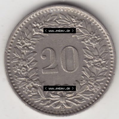 Münzen Schweiz 1939-2018, 20 Rappen Münzzeichen / Mzz. B 1962 I., Münzen Rückseite als Bildmaterial im online Katalog und online Datenbank für Sammler... Sammlung