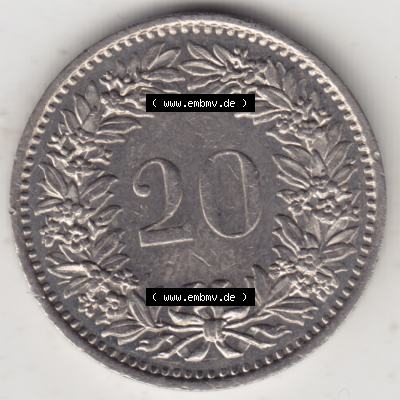 Münzen Schweiz 1939-2018, 20 Rappen Münzzeichen / Mzz. B 1977, Münzen Rückseite als Bildmaterial im online Katalog und online Datenbank für Sammler von Schweizer... Sammlung