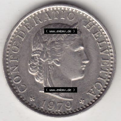 Münzen Schweiz 1939-2018, 20 Rappen Münzzeichen / Mzz. B 1979, Münzen Vorderseite als Bildmaterial im online Katalog und online Datenbank für Sammler von Schweizer... Sammlung