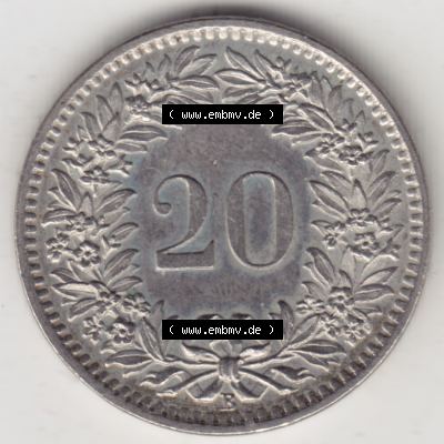Münzen Schweiz 1939-2018, 20 Rappen Münzzeichen / Mzz. B 1965, Münzen Rückseite als Bildmaterial im online Katalog und online Datenbank für Sammler von Schweizer... Sammlung