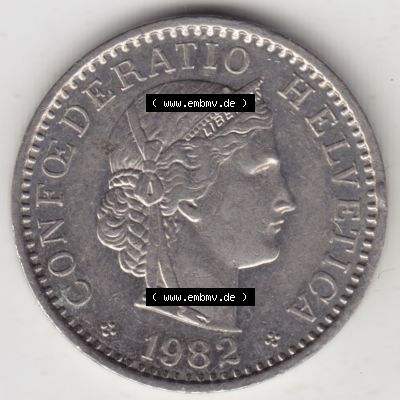 Münzen Schweiz 1939-2018, 20 Rappen Münzzeichen / Mzz. B 1982, Münzen Vorderseite als Bildmaterial im online Katalog und online Datenbank für Sammler von Schweizer... Sammlung