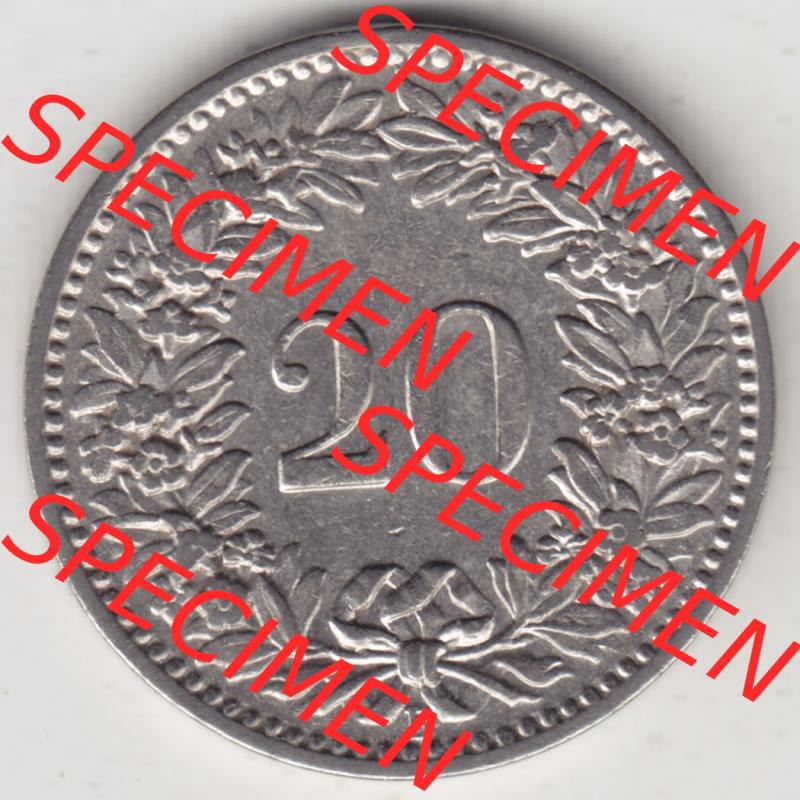 Münzen Schweiz 1881-1938, 20 Rappen Münzzeichen / Mzz. B 1920 II, Münzen Rückseite als Bildmaterial im online Katalog und online Datenbank für Sammler von... Sammlung