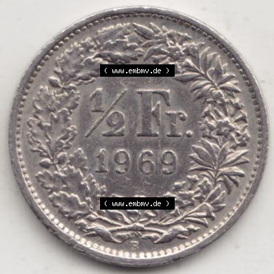 Münzen Schweiz 1968-1982, 1/2 Franken mit Münzzeichen / Mzz. B 1969 I, Münzen Rückseite als Bildmaterial Sammlung