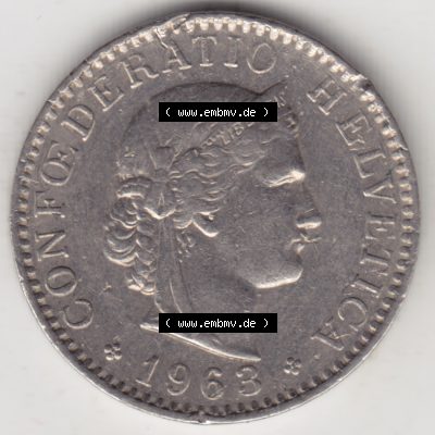 Münzen Schweiz 1939-2018, 20 Rappen Münzzeichen / Mzz. B 1963 I., Münzen Vorderseite als Bildmaterial im online Katalog und online Datenbank für Sammler... Sammlung