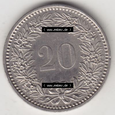 Münzen Schweiz 1939-2018, 20 Rappen Münzzeichen / Mzz. B 1985, Münzen Rückseite als Bildmaterial im online Katalog und online Datenbank für Sammler von Schweizer... Sammlung