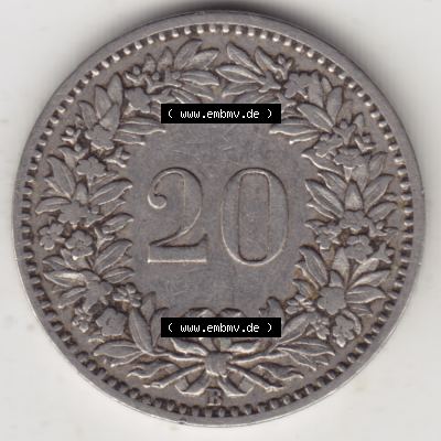 Münzen Schweiz 1881-1938, 20 Rappen Münzzeichen / Mzz. B 1900, Münzen Rückseite als Bildmaterial im online Katalog und online Datenbank für Sammler von Schweizer... Sammlung