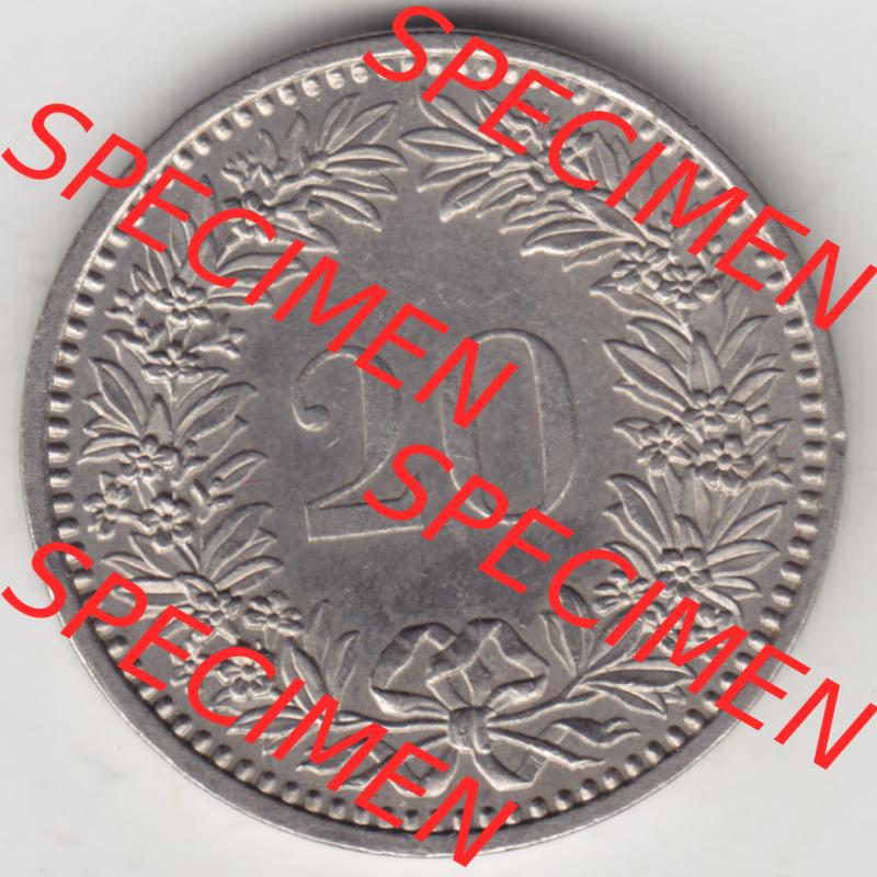 Münzen Schweiz 1939-2018, 20 Rappen Münzzeichen / Mzz. B 1985, Münzen Rückseite als Bildmaterial im online Katalog und online Datenbank für Sammler von Schweizer... Sammlung