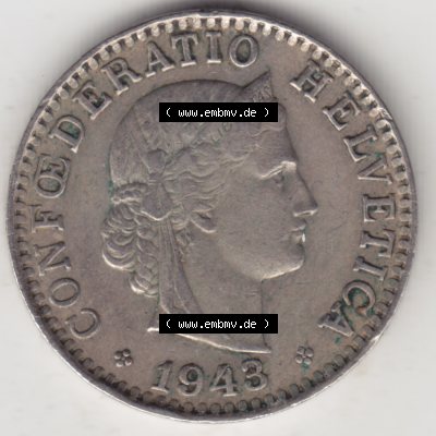 Münzen Schweiz 1939-2018, 20 Rappen Münzzeichen / Mzz. B 1943, Münzen Vorderseite als Bildmaterial im online Katalog und online Datenbank für Sammler von Schweizer... Sammlung