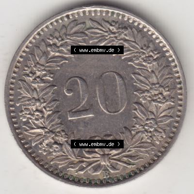 Münzen Schweiz 1939-Heute, 20 Rappen Münzzeichen / Mzz. B 1944, Münzen Rückseite als Bildmaterial im online Katalog und online Datenbank für Sammler von... Sammlung