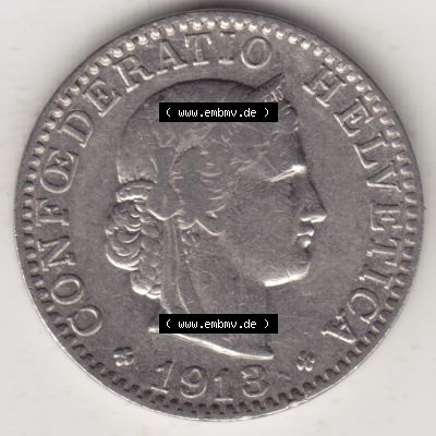 Münzen Schweiz 1881-1938, 20 Rappen Münzzeichen / Mzz. B 1913, Münzen Vorderseite als Bildmaterial im online Katalog und online Datenbank für Sammler von Schweizer... Sammlung