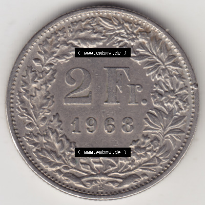 Münzen Schweiz 1968-1982, 2 Franken mit Münzzeichen / Mzz. B 1968, Münzen Rückseite als Bildmaterial im online Katalog und... Sammlung