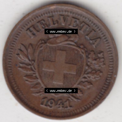 Münzen Schweiz 1850-1941, 1 Rappen, Münzen Vorderseite, Jahrgang 1941 mit Münzzeichen B Sammlung