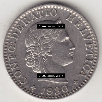 Münzen Schweiz 1881-1938, 20 Rappen Münzzeichen / Mzz. B 1930, Münzen Vorderseite als Bildmaterial im online Katalog und online Datenbank für Sammler von Schweizer... Sammlung