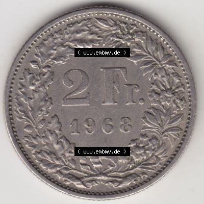 Münzen Schweiz 1968-1982, 2 Franken RM 1968, Münzen Rückseite als Bildmaterial im online Katalog und online Datenbank für Sammler von Schweizer Münzen. Sammlung