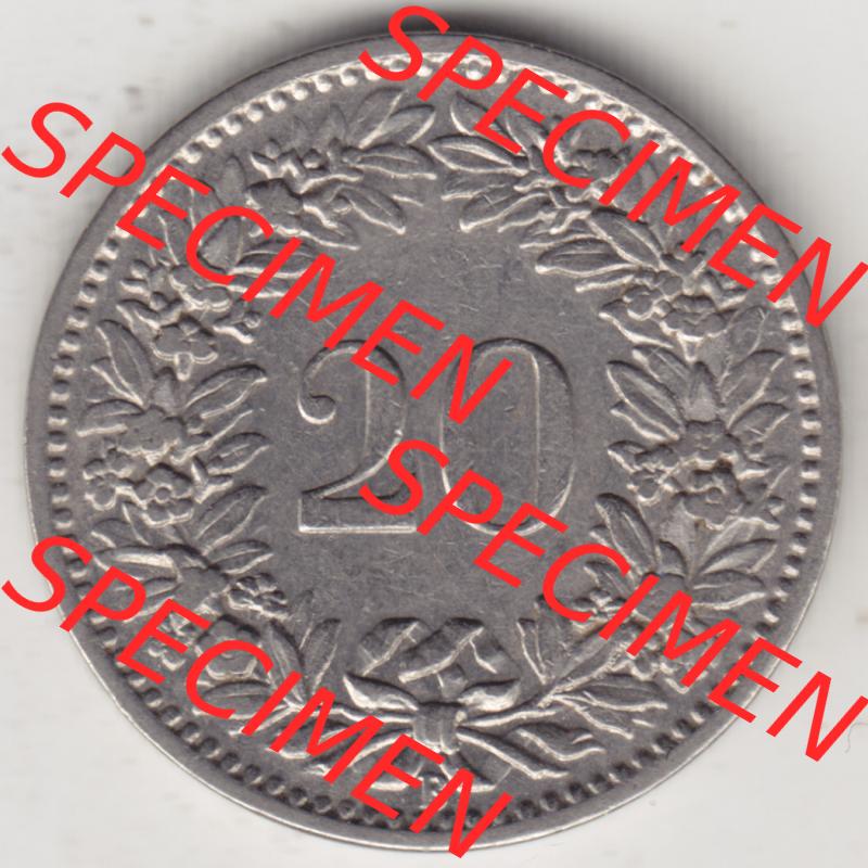 Münzen Schweiz 1881-1938, 20 Rappen Münzzeichen / Mzz. B 1920, Münzen Rückseite als Bildmaterial im online Katalog und online Datenbank für Sammler von Schweizer... Sammlung