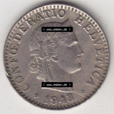 Münzen Schweiz 1939-Heute, 20 Rappen Münzzeichen / Mzz. B 1943, Münzen Vorderseite als Bildmaterial im online Katalog und online Datenbank für Sammler von Schweizer... Sammlung