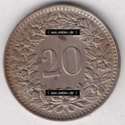 Münzen Schweiz 1939-Heute, 20 Rappen Münzzeichen / Mzz. B 1944-I, Münzen Rückseite als Bildmaterial im online Katalog und online Datenbank für Sammler von... Sammlung