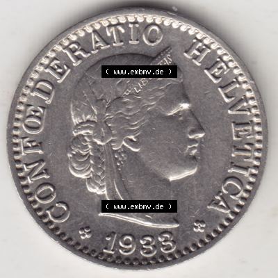 Münzen Schweiz 1881-1938, 20 Rappen Münzzeichen / Mzz. B 1933, Münzen Vorderseite als Bildmaterial im online Katalog und online Datenbank für Sammler von Schweizer... Sammlung