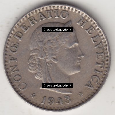 Münzen Schweiz 1939-Heuite, 20 Rappen Münzzeichen / Mzz. B 1943, Münzen Vorderseite als Bildmaterial im online Katalog und online Datenbank für Sammler von Schweizer... Sammlung