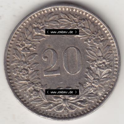 Münzen Schweiz 1939-Heute, 20 Rappen Münzzeichen / Mzz. B 1944 I, Münzen Vorderseite als Bildmaterial im online Katalog und online Datenbank für Sammler von Schweizer... Sammlung