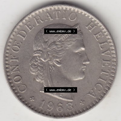 Münzen Schweiz 1939-2018, 20 Rappen Münzzeichen / Mzz. B 1963 V., Münzen Vorderseite als Bildmaterial im online Katalog und online Datenbank für Sammler... Sammlung