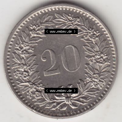 Münzen Schweiz 1939-2018, 20 Rappen Münzzeichen / Mzz. B 1970, Münzen Rückseite als Bildmaterial im online Katalog und online Datenbank für Sammler von Schweizer... Sammlung
