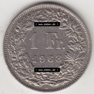 Münzen Schweiz 1968-1982, 1 Franken mit Münzzeichen / Mzz. B 1968 II., Münzen Rückseite als Bildmaterial im online Katalog und online Datenbank für... Sammlung