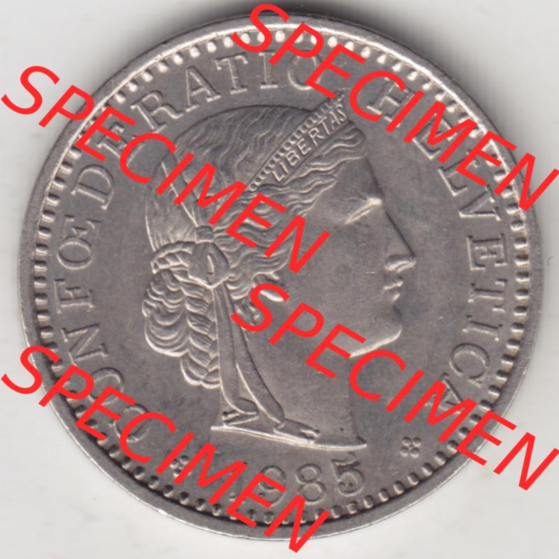 Münzen Schweiz 1939-2018, 20 Rappen Münzzeichen / Mzz. B 1985, Münzen Vorderseite als Bildmaterial im online Katalog und online Datenbank für Sammler von Schweizer... Sammlung