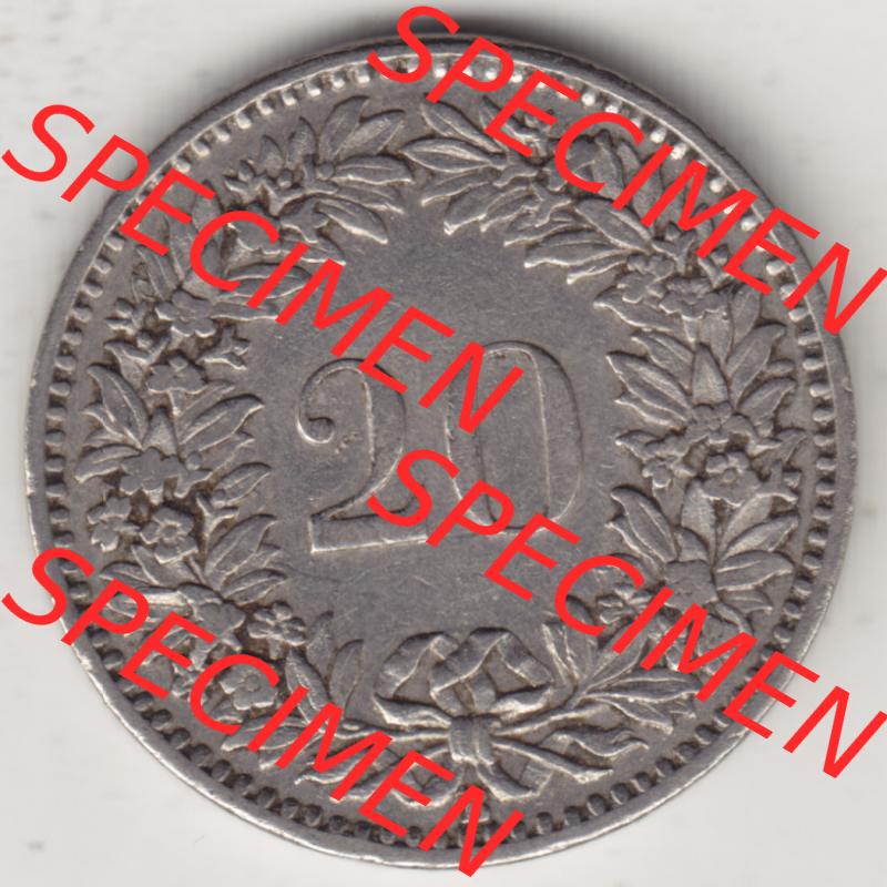 Münzen Schweiz 1881-1938, 20 Rappen Münzzeichen / Mzz. B 1909, Münzen Rückseite als Bildmaterial im online Katalog und online Datenbank für Sammler von Schweizer... Sammlung