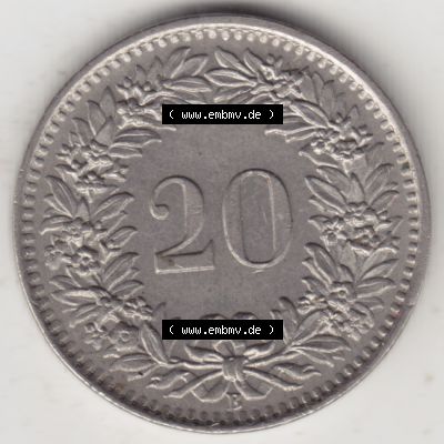 Münzen Schweiz 1939-2018, 20 Rappen Münzzeichen / Mzz. B 1963 V., Münzen Rückseite als Bildmaterial im online Katalog und online Datenbank für Sammler... Sammlung