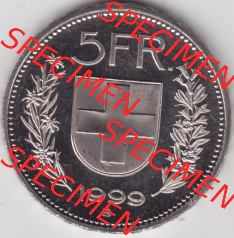 Münzen Schweiz 1994-2018, 5 Franken 1999, Münzen Rückseite als Bildmaterial im online Katalog und online Datenbank für Sammler von Schweizer Münzen. Sammlung
