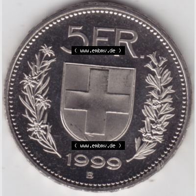 Münzen Schweiz 1994-2018, 5 Franken 1999, Münzen Rückseite als Bildmaterial im online Katalog und online Datenbank für Sammler von Schweizer Münzen. Sammlung