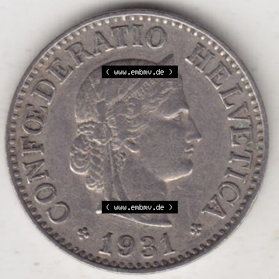 Münzen Schweiz 1919-1931, 10 Rappen B 1931, Münzen Vorderseite als Bildmaterial im online Katalog und online Datenbank Sammlung