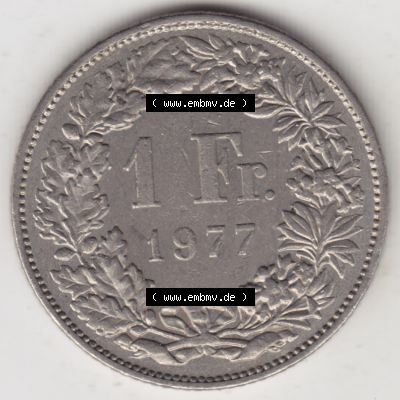 Münzen Schweiz 1968-1982, 1 Franken mit Münzzeichen / Mzz. B 1977, Münzen Rückseite als Bildmaterial im online Katalog und online Datenbank für Sammler von... Sammlung