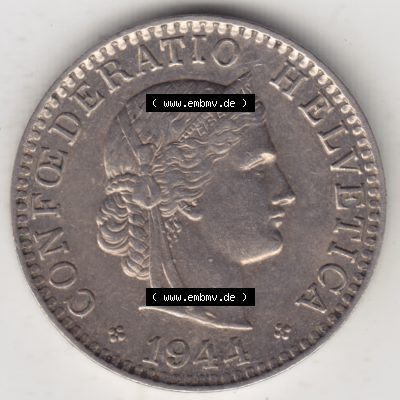 Münzen Schweiz 1939-Heute, 20 Rappen Münzzeichen / Mzz. B 1944, Münzen Vorderseite als Bildmaterial im online Katalog und online Datenbank für Sammler von Schweizer... Sammlung