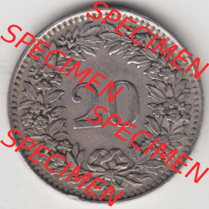 Münzen Schweiz 1939-2018, 20 Rappen Münzzeichen / Mzz. B 1943, Münzen Rückseite als Bildmaterial im online Katalog und online Datenbank für Sammler von Schweizer... Sammlung