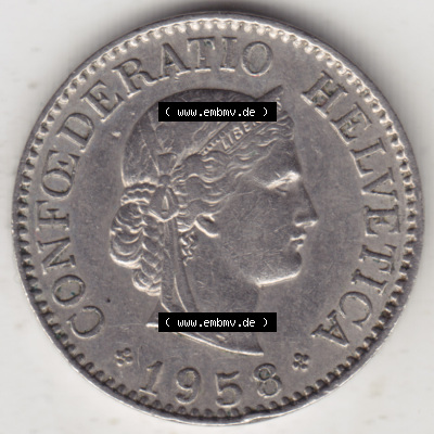 Münzen Schweiz 1940-2018, 10 Rappen B 1958, Münzen Vorderseite als Bildmaterial im online Katalog und online Datenbank für... Sammlung