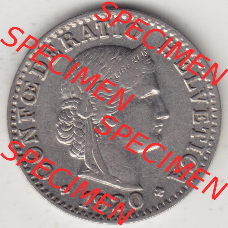 Münzen Schweiz 1881-1938, 20 Rappen Münzzeichen / Mzz. B 1920, Münzen Vorderseite als Bildmaterial im online Katalog und online Datenbank für Sammler von Schweizer... Sammlung