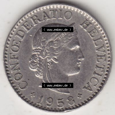 Münzen Schweiz 1940-2018, 10 Rappen B 1958, Münzen Vorderseite als Bildmaterial im online Katalog und online Datenbank für Sammler von Schweizer Münzen. Sammlung