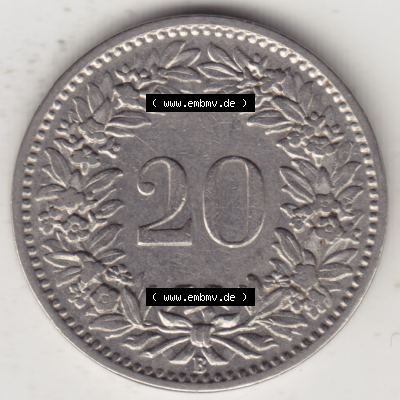 Münzen Schweiz 1881-1938, 20 Rappen Münzzeichen / Mzz. B 1920, Münzen Rückseite als Bildmaterial im online Katalog und online Datenbank für Sammler von Schweizer... Sammlung
