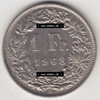 Münzen Schweiz 1968-1982, 1 Franken mit Münzzeichen / Mzz. B 1968 I., Münzen Rückseite als Bildmaterial im online Katalog... Sammlung