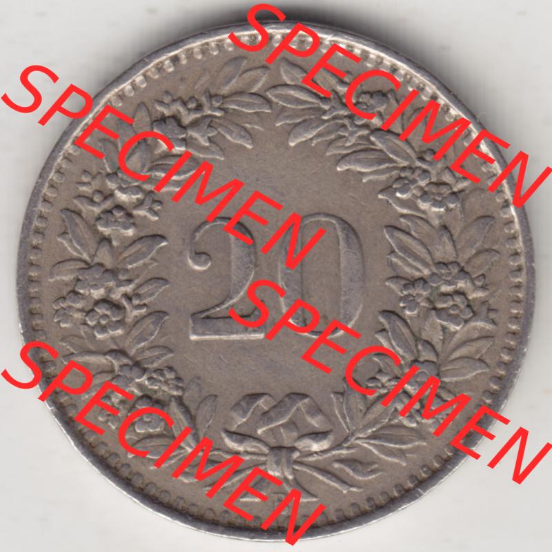 Münzen Schweiz 1939-Heuite, 20 Rappen Münzzeichen / Mzz. B 1943, Münzen Rückseite als Bildmaterial im online Katalog und online Datenbank für Sammler von... Sammlung