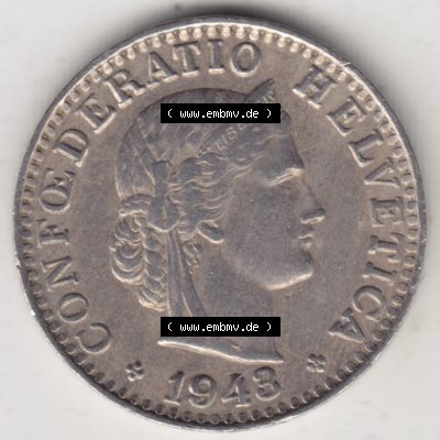Münzen Schweiz 1939-Heuite, 20 Rappen Münzzeichen / Mzz. B 1943 II., Münzen Vorderseite als Bildmaterial im online Katalog und online Datenbank für Sammler... Sammlung