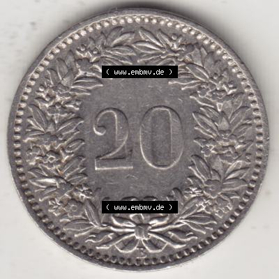 Münzen Schweiz 1881-1938, 20 Rappen Münzzeichen / Mzz. B 1913, Münzen Rückseite als Bildmaterial im online Katalog und online Datenbank für Sammler von Schweizer... Sammlung
