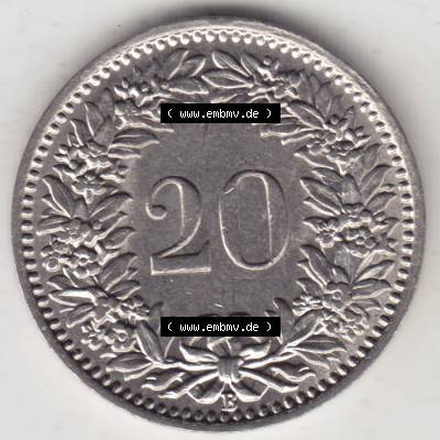Münzen Schweiz 1881-1938, 20 Rappen Münzzeichen / Mzz. B 1933, Münzen Rückseite als Bildmaterial im online Katalog und online Datenbank für Sammler von Schweizer... Sammlung