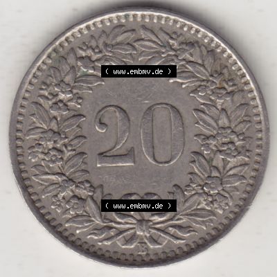 Münzen Schweiz 1939-Heute, 20 Rappen Münzzeichen / Mzz. B 1944, Münzen Rückseite als Bildmaterial im online Katalog und online Datenbank für Sammler von... Sammlung