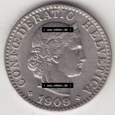 Münzen Schweiz 1881-1938, 20 Rappen Münzzeichen / Mzz. B 1909, Münzen Vorderseite als Bildmaterial im online Katalog und online Datenbank für Sammler von Schweizer... Sammlung