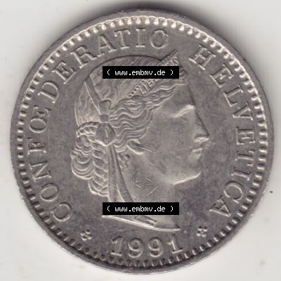 Münzen Schweiz 1939-2018, 20 Rappen Münzzeichen / Mzz. B 1991, Münzen Vorderseite als Bildmaterial im online Katalog und online Datenbank für Sammler von Schweizer... Sammlung